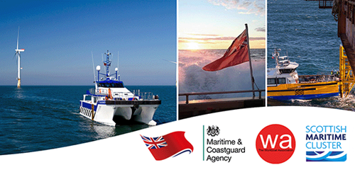 Three images - the left and right images feature a vessel at sea and the middle image is the red ensign on a boat at sunset. Underneath these are the logos for the UK Ship Register & Maritime and Coastguard Agency, the Scottish Maritime Cluster, and the Workboat Association.
