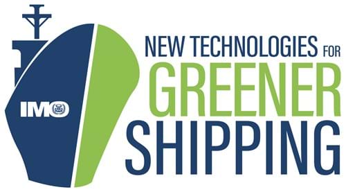 The official logo for World Maritime Day 2022. The logo reads New Technologies for greener shipping in navy and green coloured text. There is a graphic outline of a ship on the left hand side, also in green and navy, which features the white IMO logo on the hull