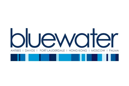 Bluewater Logo with Locations - Antibes, Davos, Fort Lauderdale, Hong Kong, Moscow, Palma