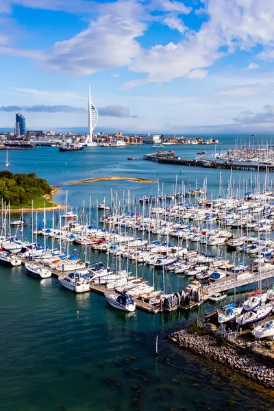 Aerial view of pleasure vessels at a harbour