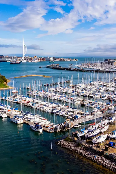Aerial view of Gosport Marina with the Spinnaker Tower in the background