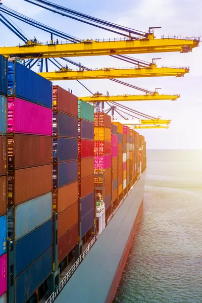 Aerial view of colourful containers on a cargo ship at the port of Southampton