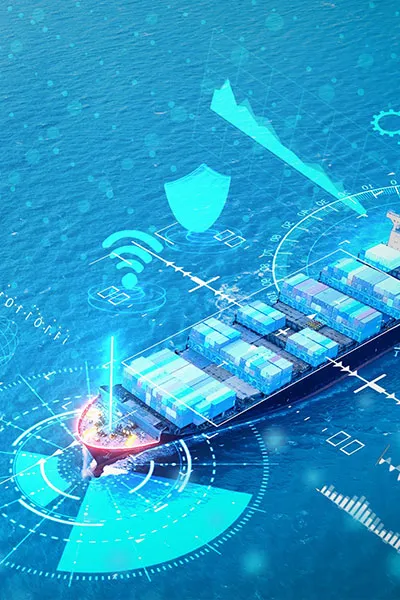 A ship enhanced with digital graphics, including depiction of wi-fi and fuel guage