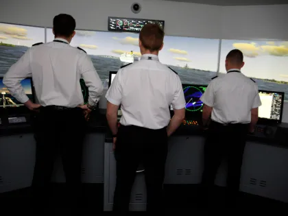 Cadets using a ship simulator at Fleetwood Nautical College