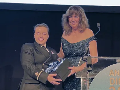 Virginia McVea presenting Katie Jayne McGahan Hargreaves with the Maritime and Coastguard Agency’s Officer Trainee of the Year award