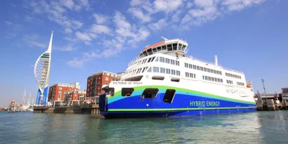 Whitelink's Hybrid Ferry with the Spinnaker Tower in the background