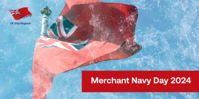 A red ensign flag flying with ripples in the sea overlaid over the top. Text reads 'Merchant Navy Day 2024'