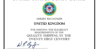 Qualship 21 certificate presented to the UK Ship Register for 2025-2026