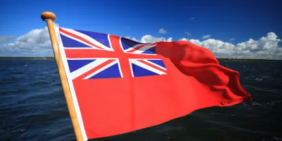 The Red Ensign flag being flown out at sea