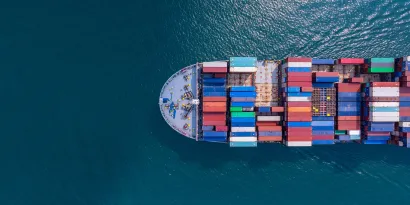 Aerial view of container ship