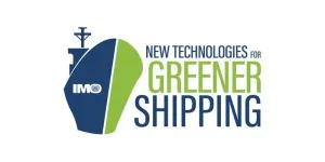 Blue and Green ship that features the IMO logo. Text reads: New Technologies for Greener Shipping