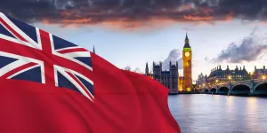 Red Ensign flag in front of the Palace of Westminster
