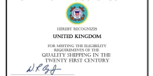 Qualship 21 certificate presented to the UK Ship Register for 2025-2026