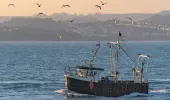 A fishing vessel out at sea with a misty orange sky