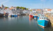 Colourful fishing vessels in harbour